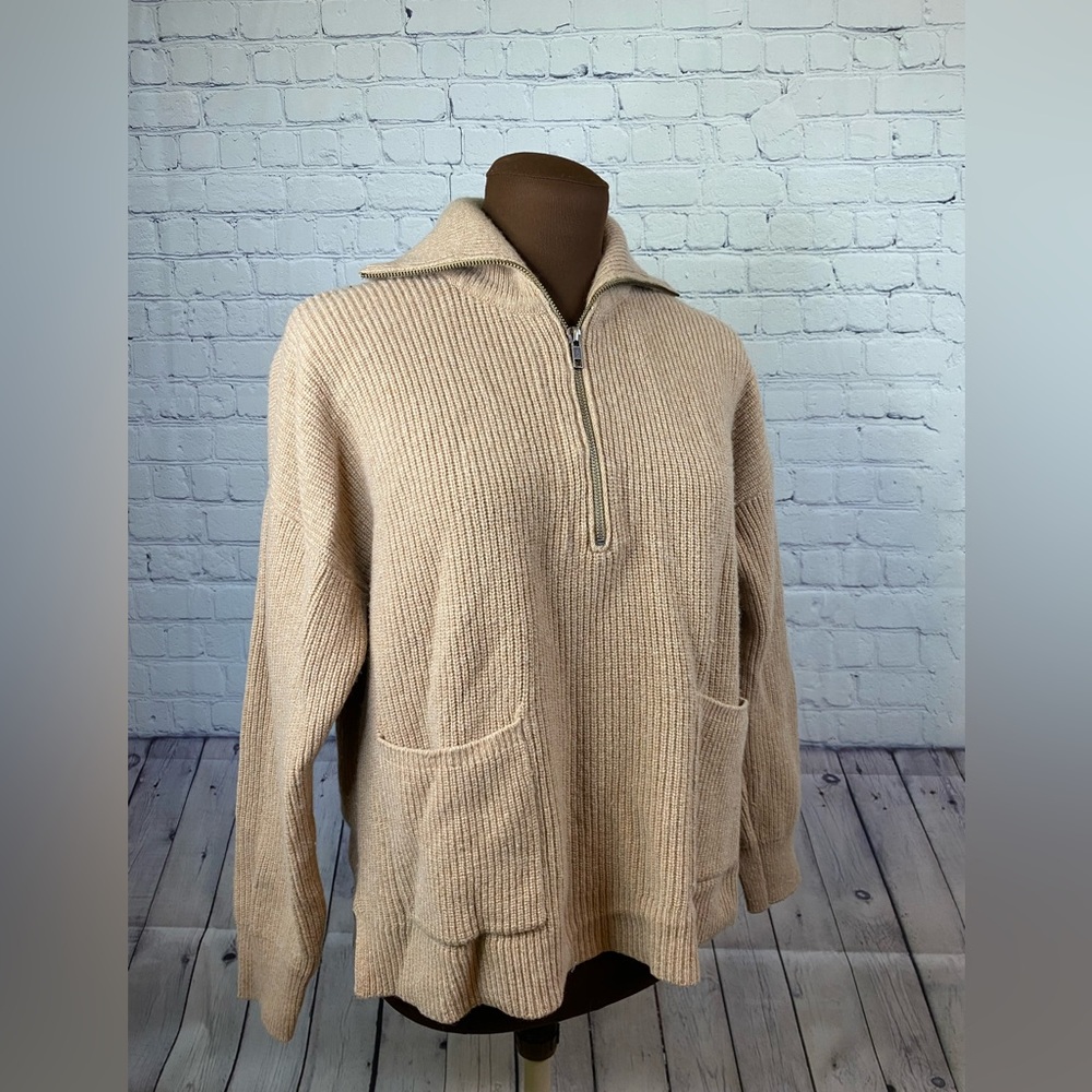 Madewell Glennbrook half zip tan merino wool knit sweater ladies size medium.